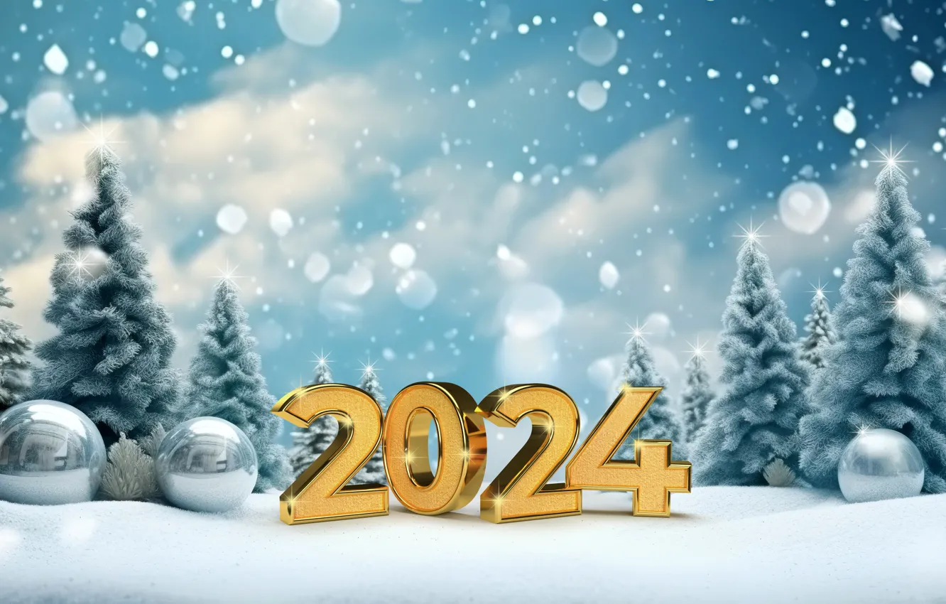 Фото обои зима, снег, шары, елка, Новый Год, Рождество, цифры, golden