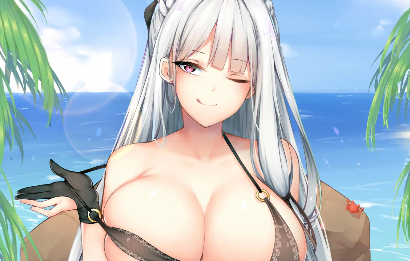 Фото обои girl, sexy, cleavage, sky, long hair, sea, boobs, anime