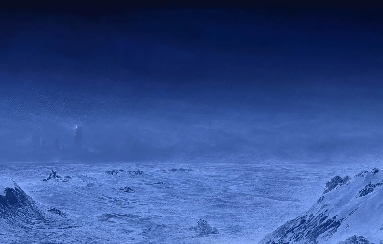 Фото обои холод, снег, горы, туман, маяк, арт, путники, Alberto Vangelista