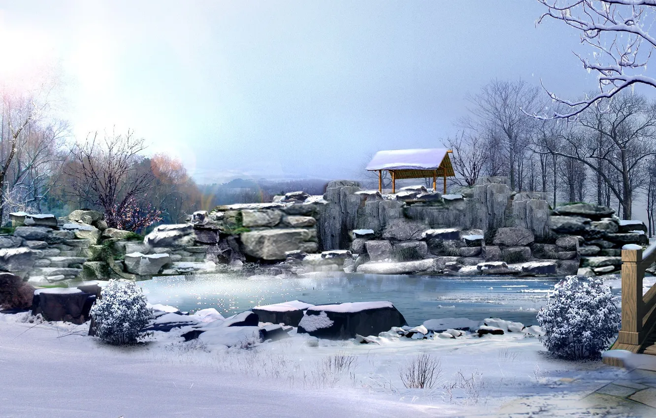 Фото обои зима, деревья, камни, Япония, Japan, беседка, digital, landscape