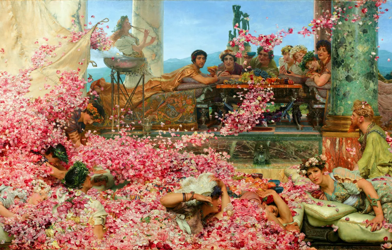 Фото обои Девушки, Картина, Розы, Lawrence Alma-Tadema, Лоуренс Альма-Тадема, Розы Гелиогабала, Британский живописец