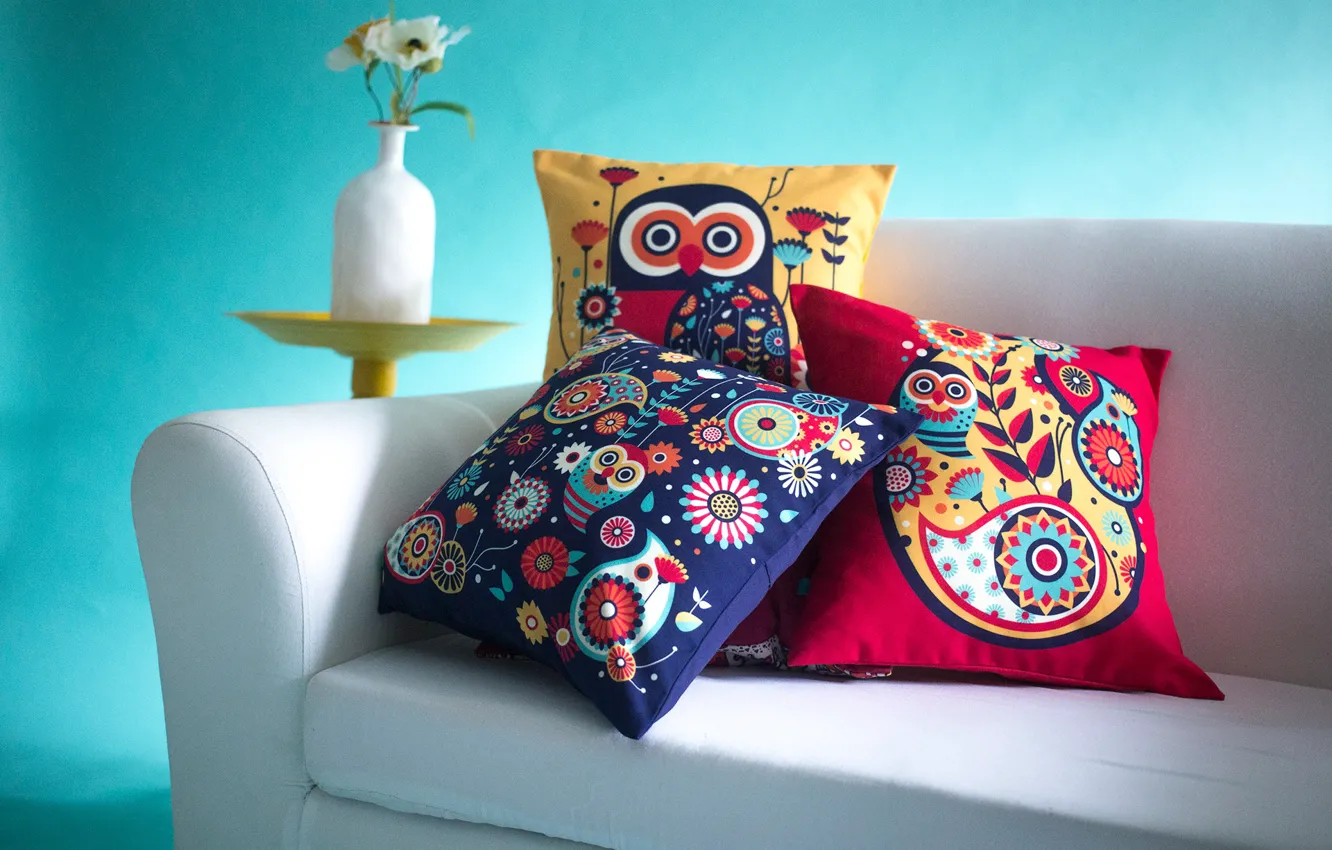 Фото обои ваза, диван, PAISLEY OWLS, подушки, помещение