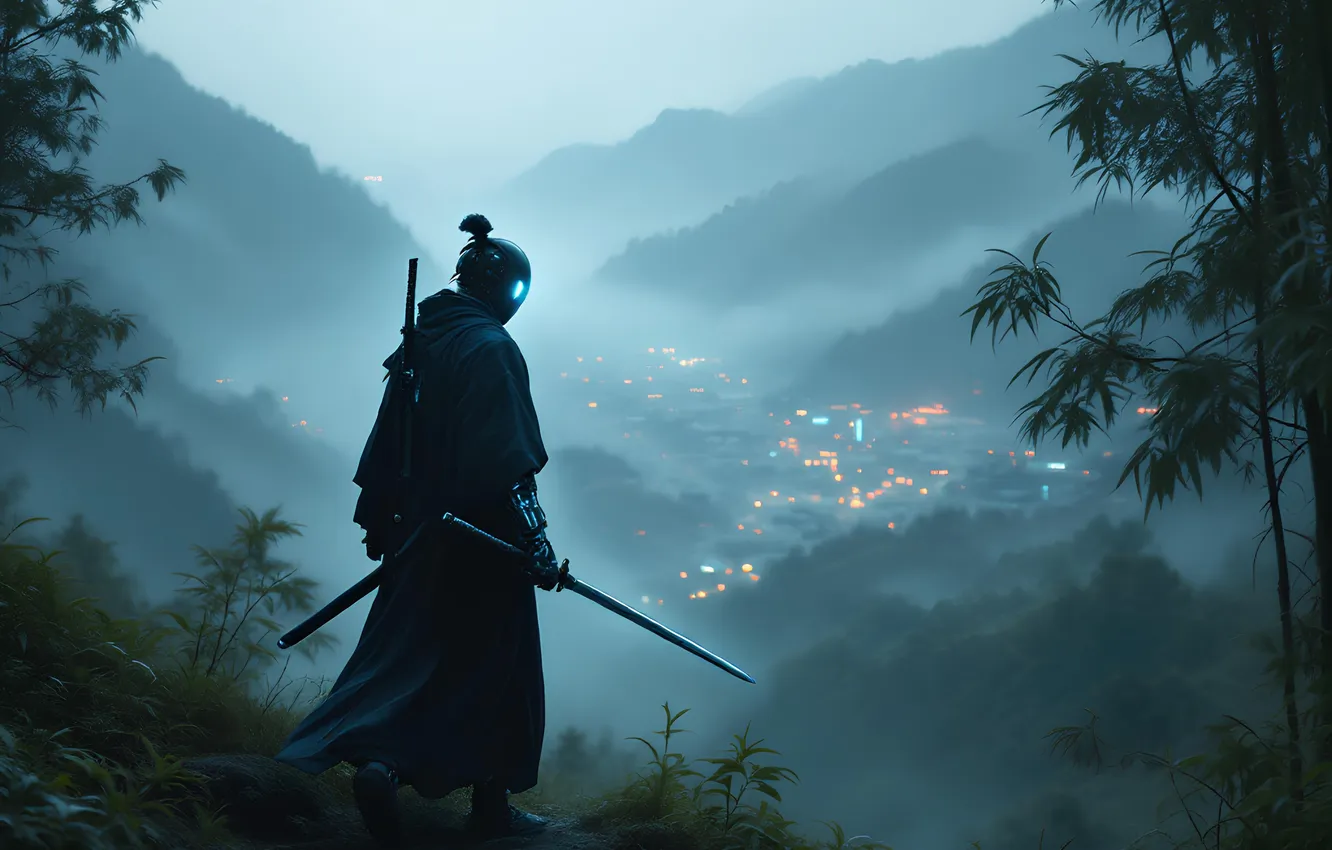 Фото обои lights, dark, fantasy, weapon, mountains, katana, cyberpunk, village