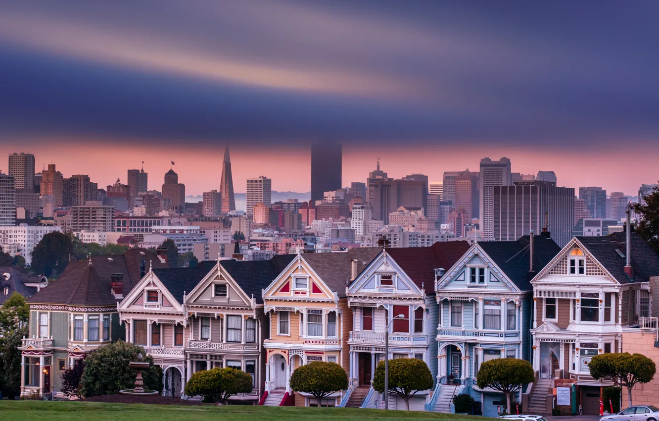Фото обои небо, деревья, город, дома, обработка, вечер, Сан-Франциско, USA