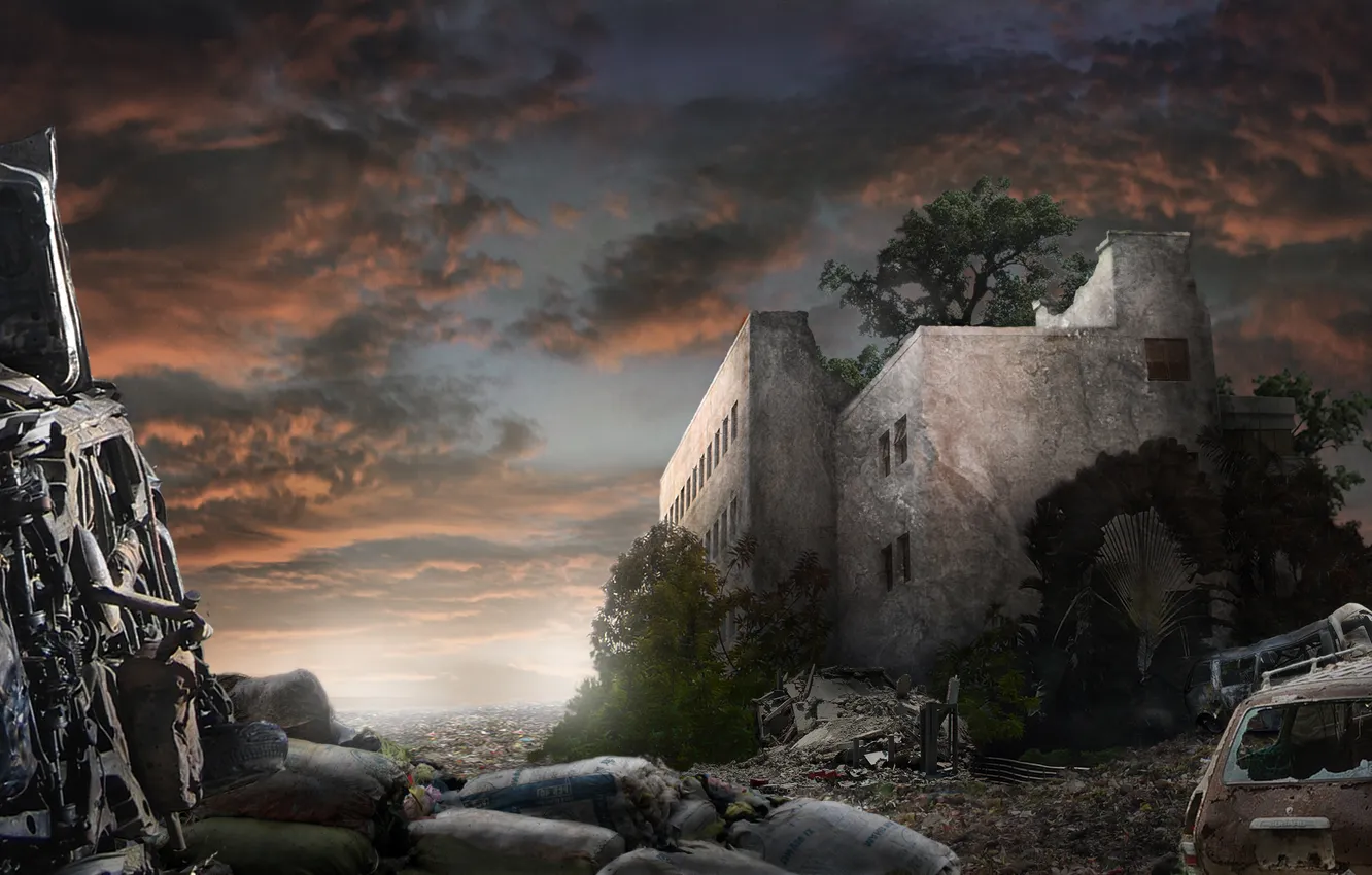Фото обои апокалипсис, здание, руины, нива, пустош, Apocalyptic Ruins