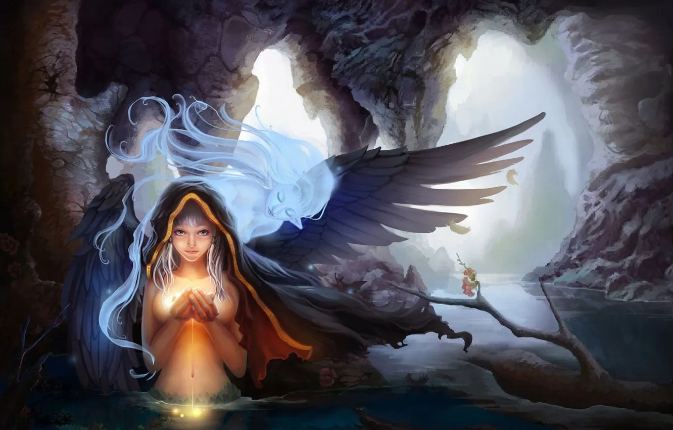 Фото обои цветок, вода, девушка, магия, крылья, дух, арт, капюшон