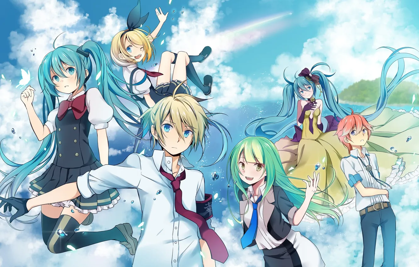 Фото обои Hatsune Miku, Vocaloid, Kagamine Rin, Kagamine Len, Wogura