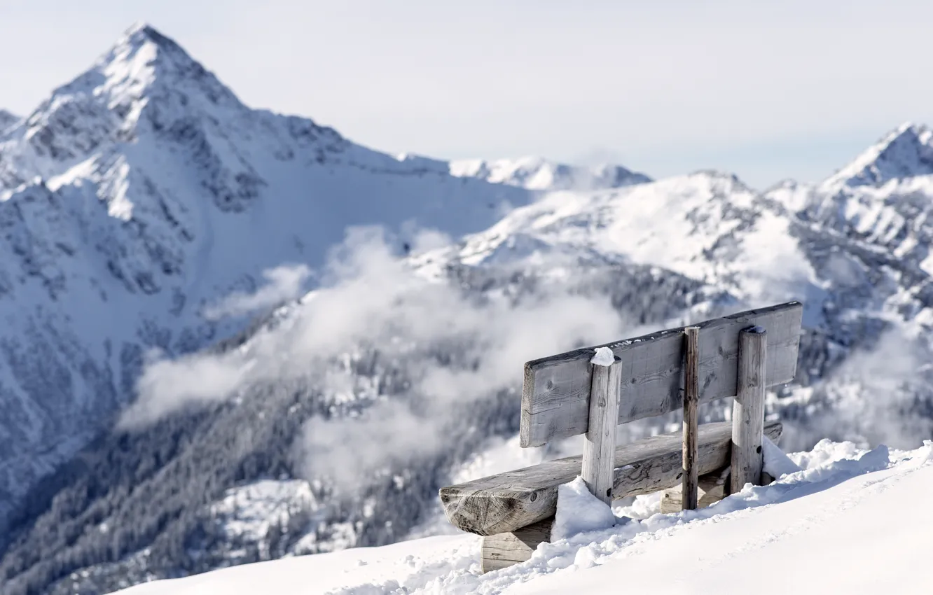 Фото обои winter, mountains, snow, bench, top