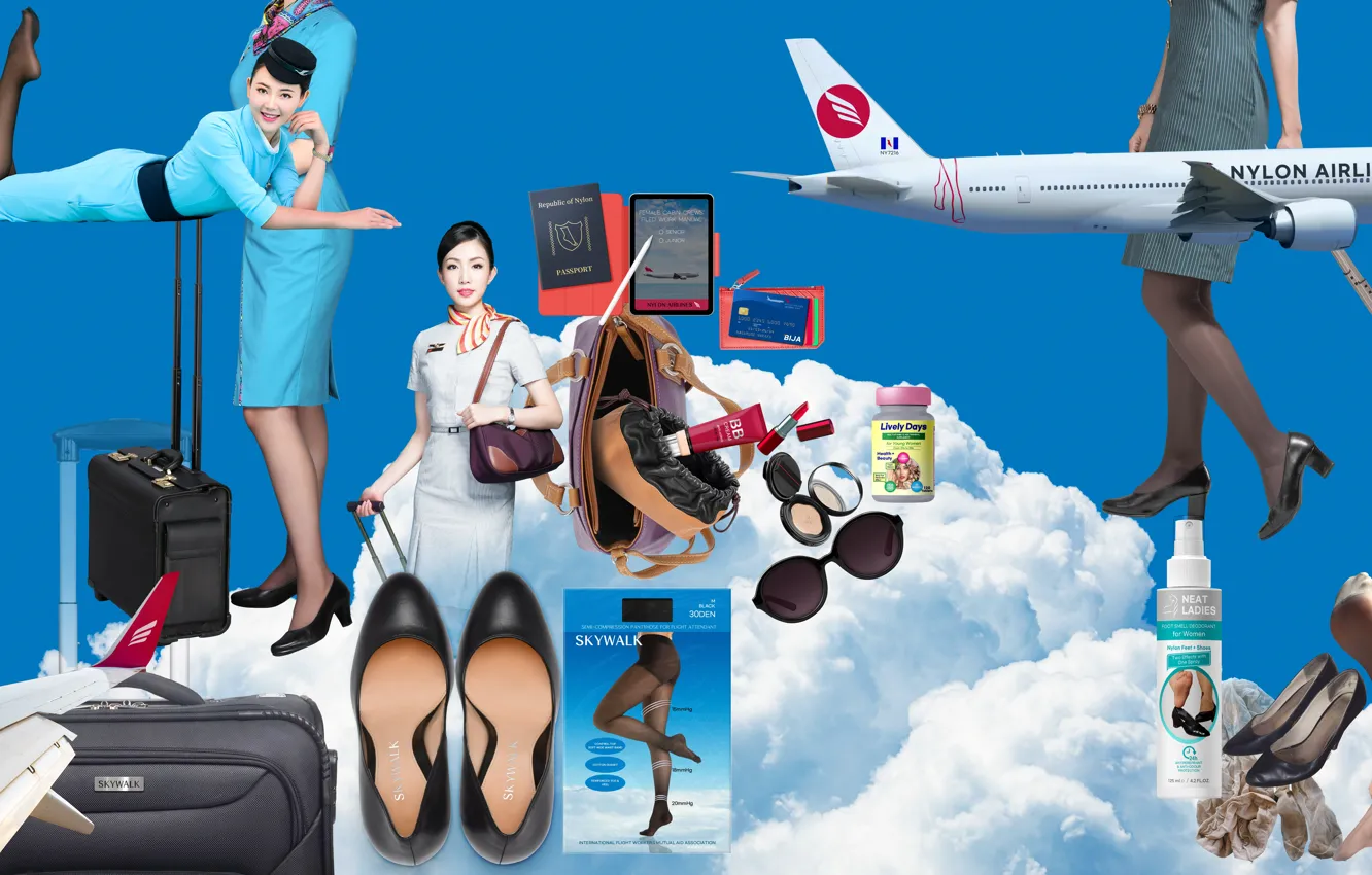 Фото обои ipad, airplane, shoes, cosmetics, pantyhose, uniform, lipstick, luggage
