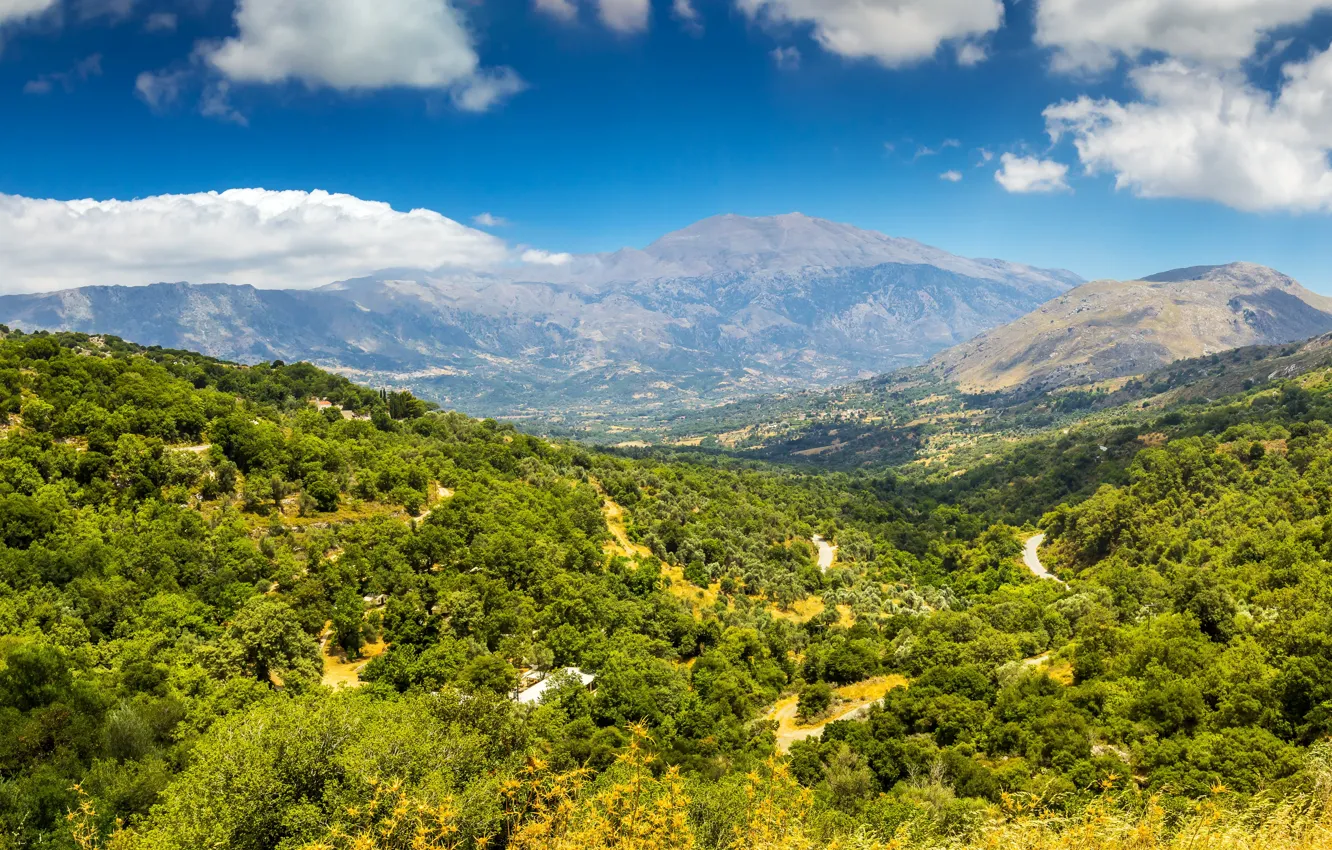 Фото обои лес, небо, облака, горы, остров, Греция, Крит, Crete