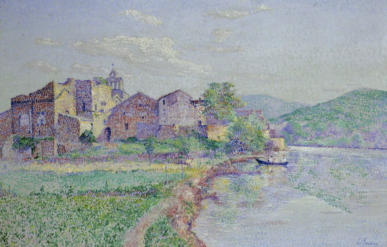 Фото обои пейзаж, картина, пуантилизм, Louis Gaidan, Remoulins. Pont du Gard
