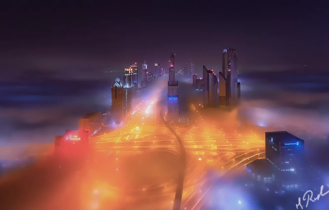 Фото обои ночь, город, огни, туман, Дубай, ОАЭ