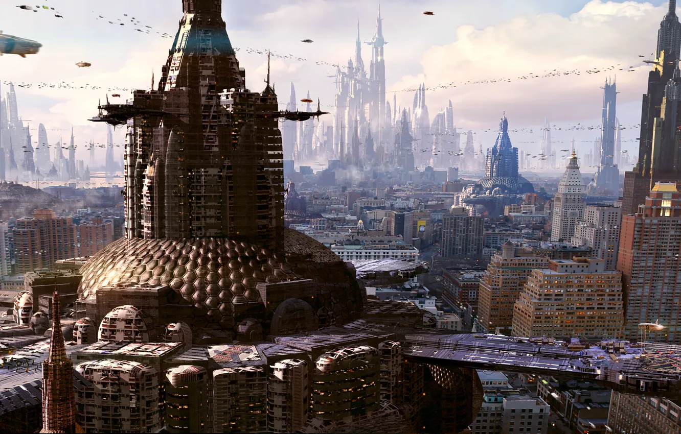 Фото обои город, будущее, небоскребы, мегаполис, рендер
