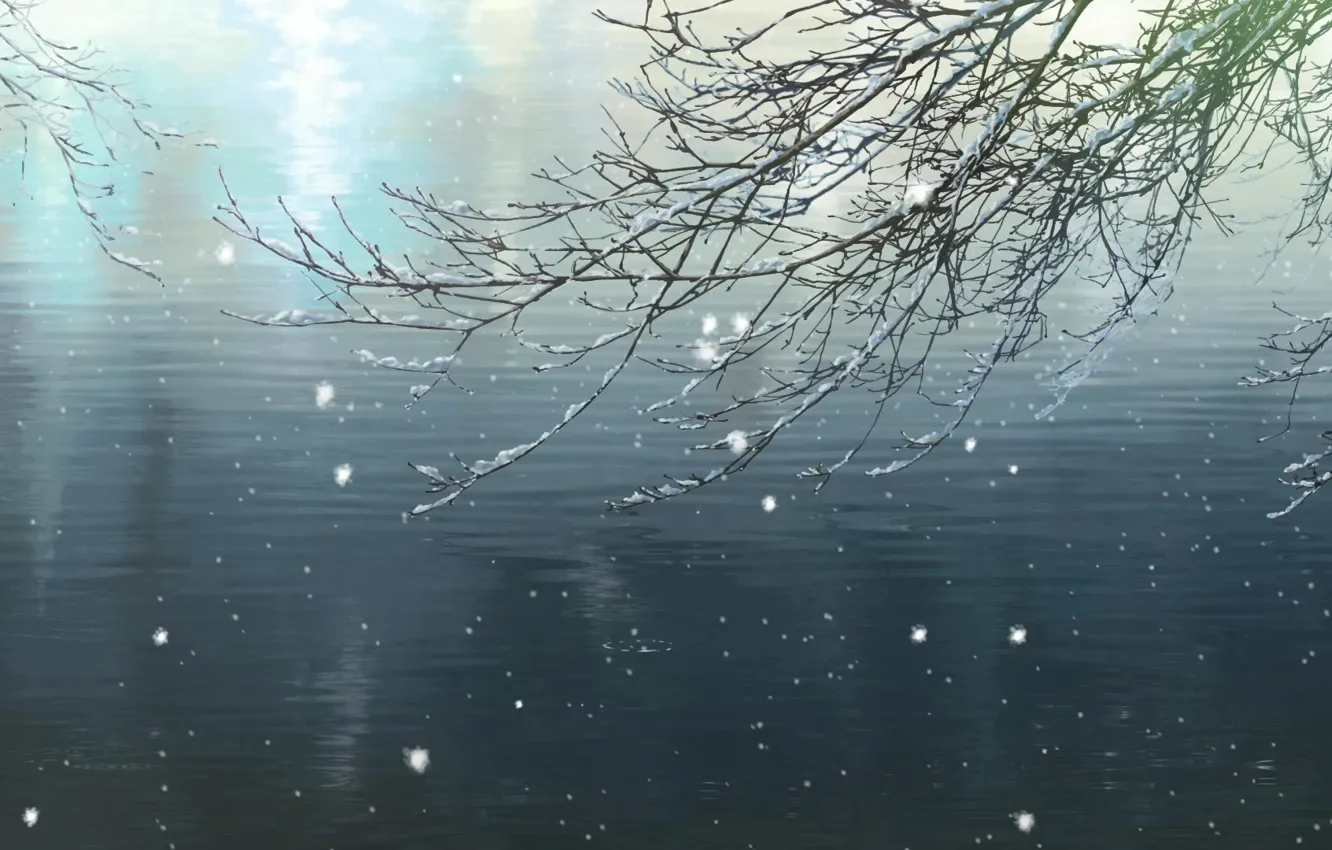 Фото обои зима, свет, снег, пруд, ветка, Макото Синкай, Сад изящных слов