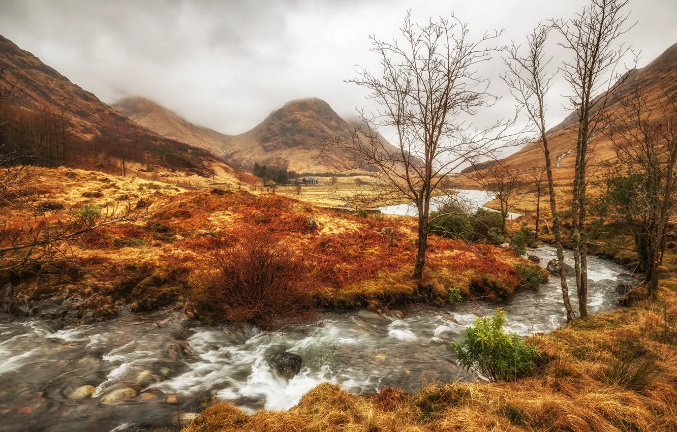 Фото обои осень, облака, деревья, горы, река, Шотландия, Северо-Шотландское нагорье