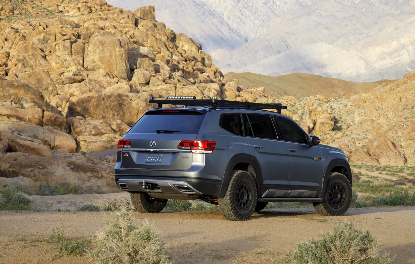 Фото обои горы, скалы, Volkswagen, SUV, Atlas, 2019, тёмно-серый, Basecamp Concept