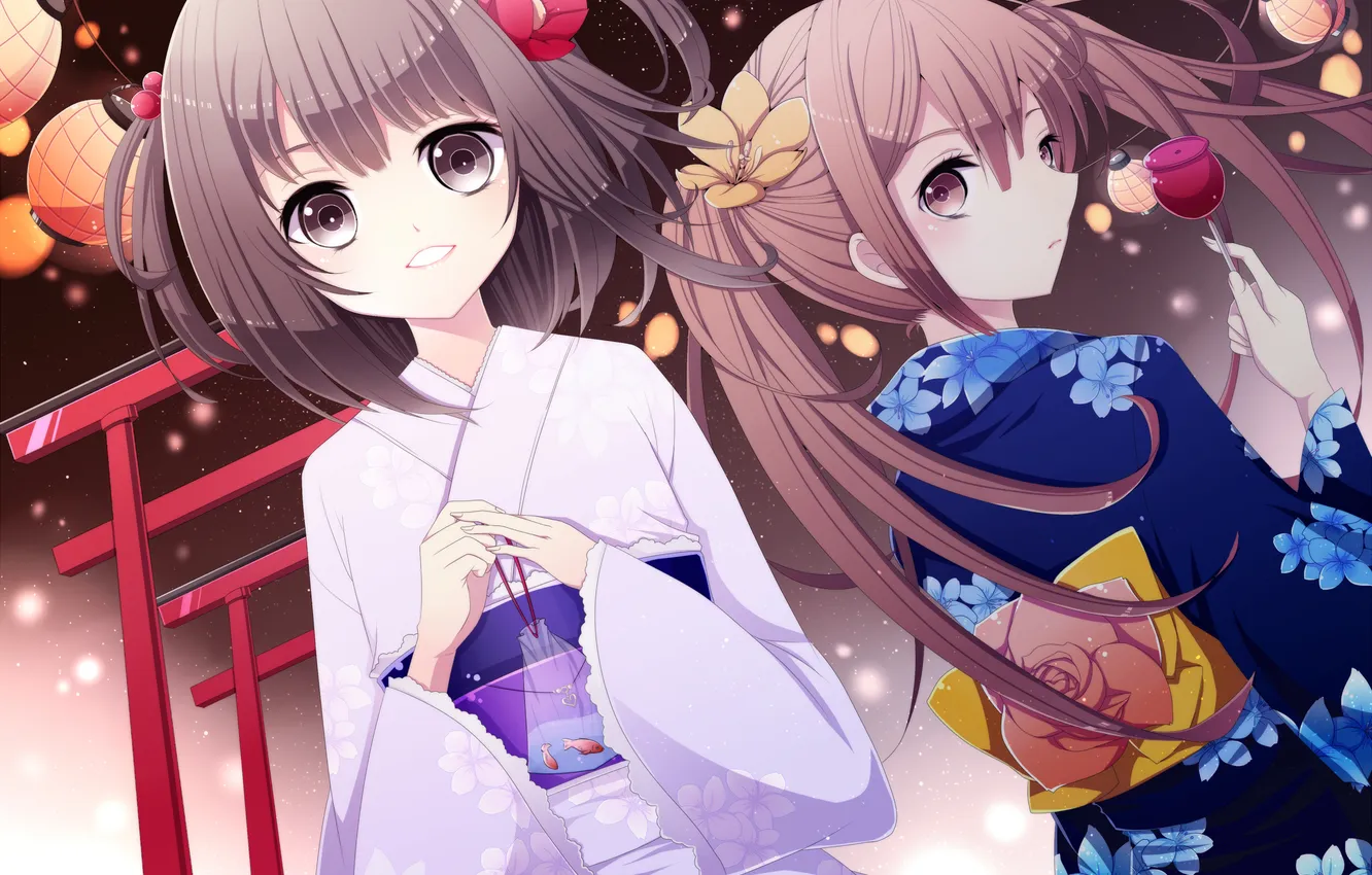 Фото обои цветы, девушки, аниме, арт, фонари, кимоно, мешочки, aki