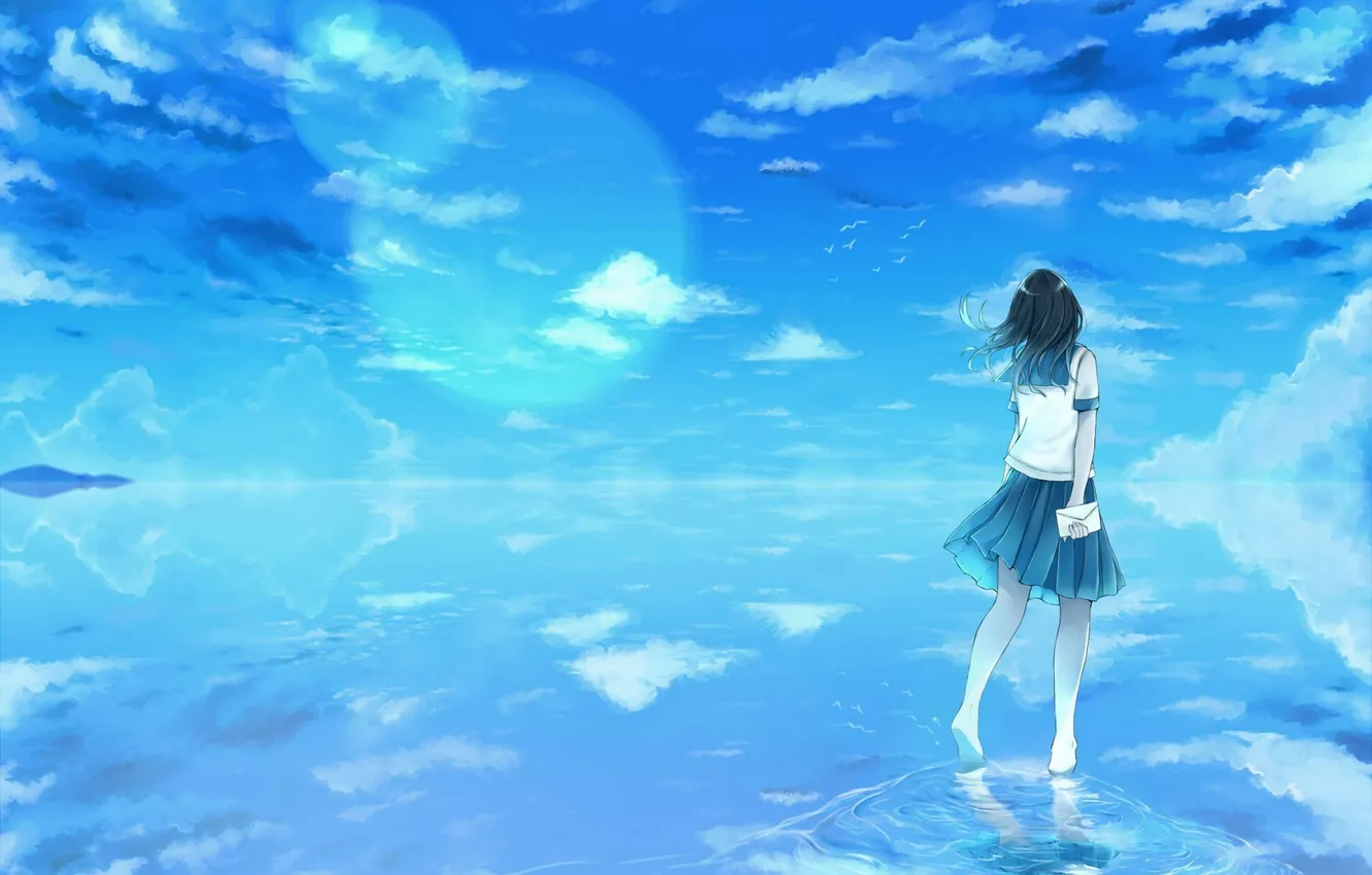 Фото обои небо, письмо, вода, девушка, облака, отражение, аниме, арт