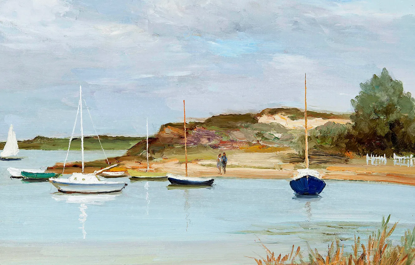Фото обои пейзаж, берег, картина, бухта, лодки, Марсель Диф, Boats at Anchor, Low Tide