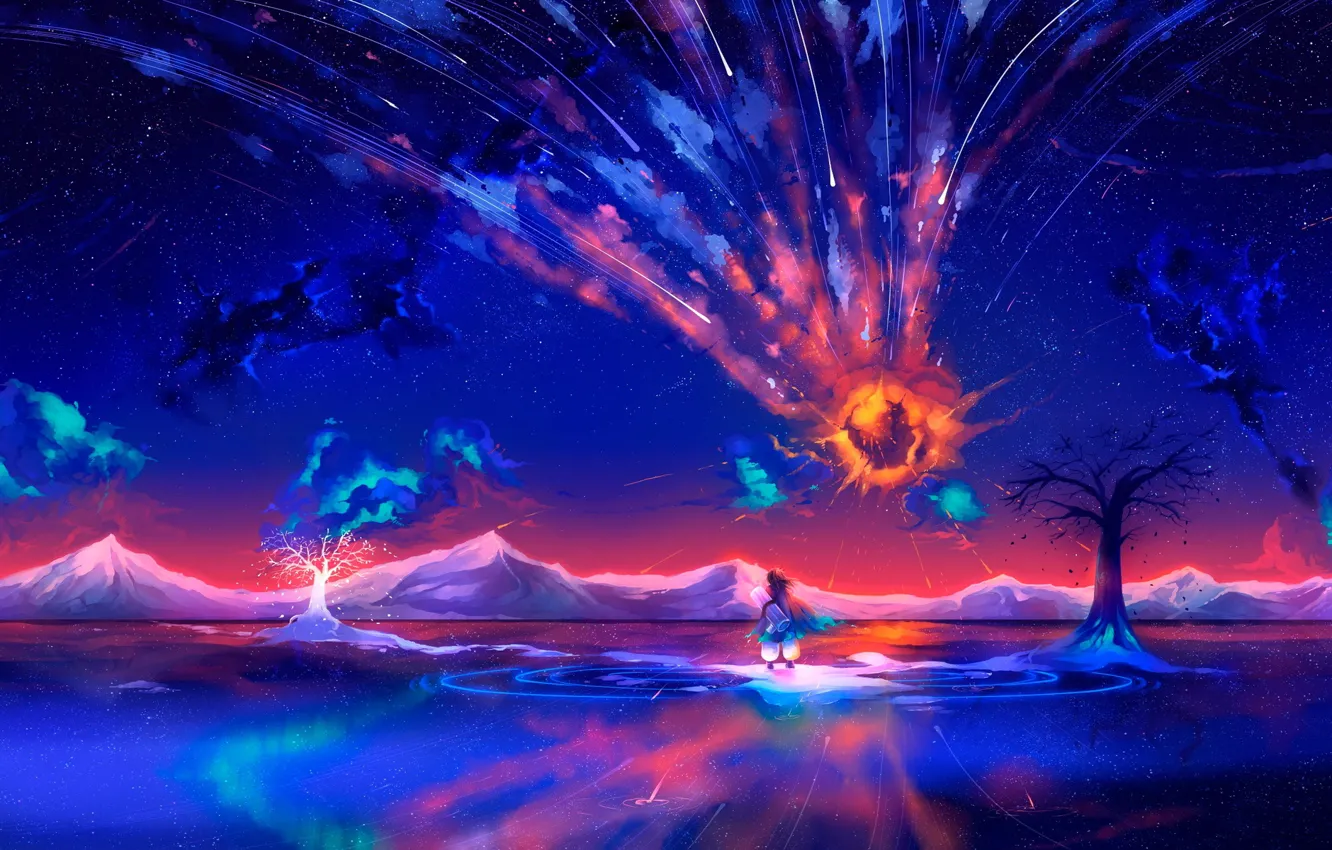 Фото обои белый, вода, космос, деревья, полет, горы, взрыв, оранжевый
