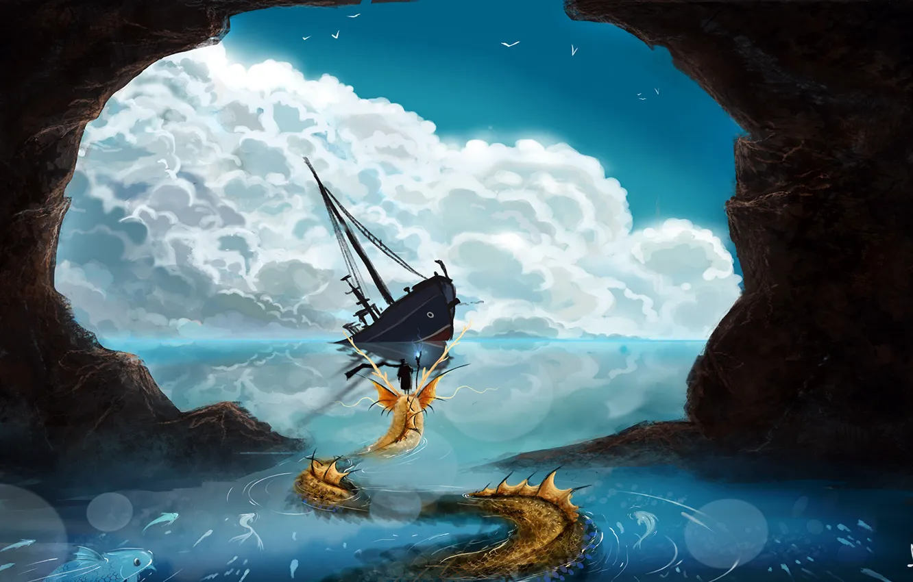 Фото обои море, фантастика, человек, арт, посох, корабль. скалы, морское существо