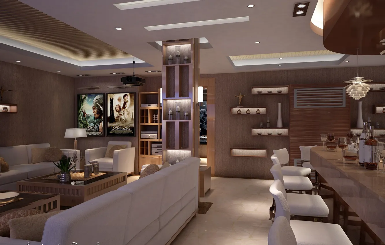 Фото обои цветок, комната, стулья, бутылки, HOME THEATER AREA