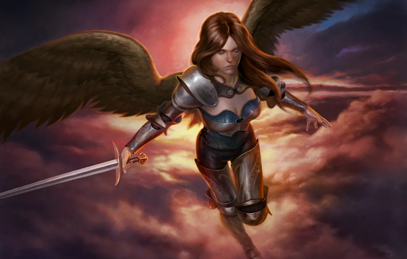 Фото обои взгляд, полет, оружие, фантастика, крылья, ангел, меч, доспехи