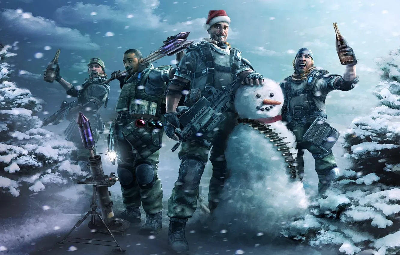Фото обои зима, радость, снеговик, мужики, Killzone 2