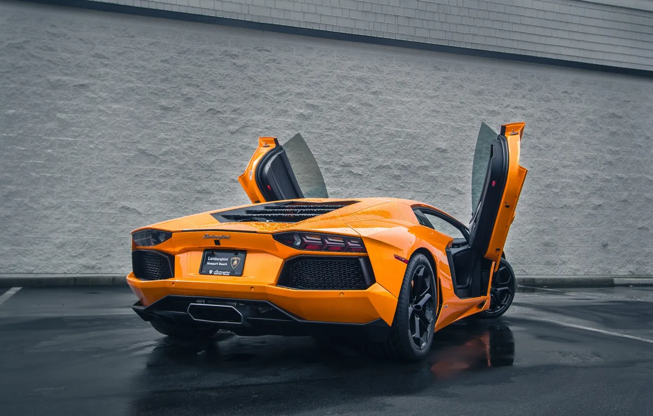 Фото обои Lamborghini, Auto, Rain, LP700-4, Aventador, Wet, Rear, Asphalt