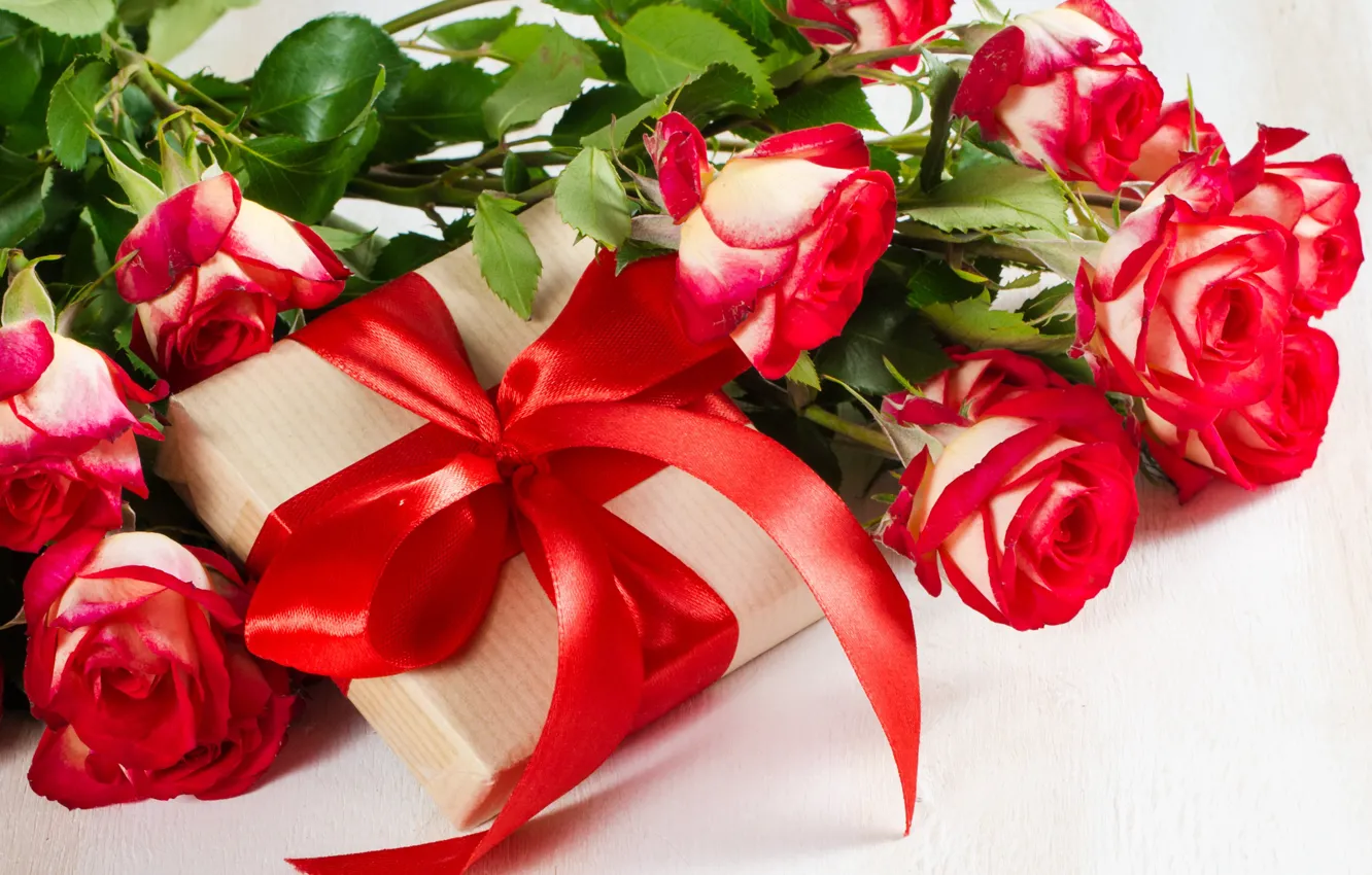 Фото обои любовь, подарок, розы, букет, лента, красные, red, love