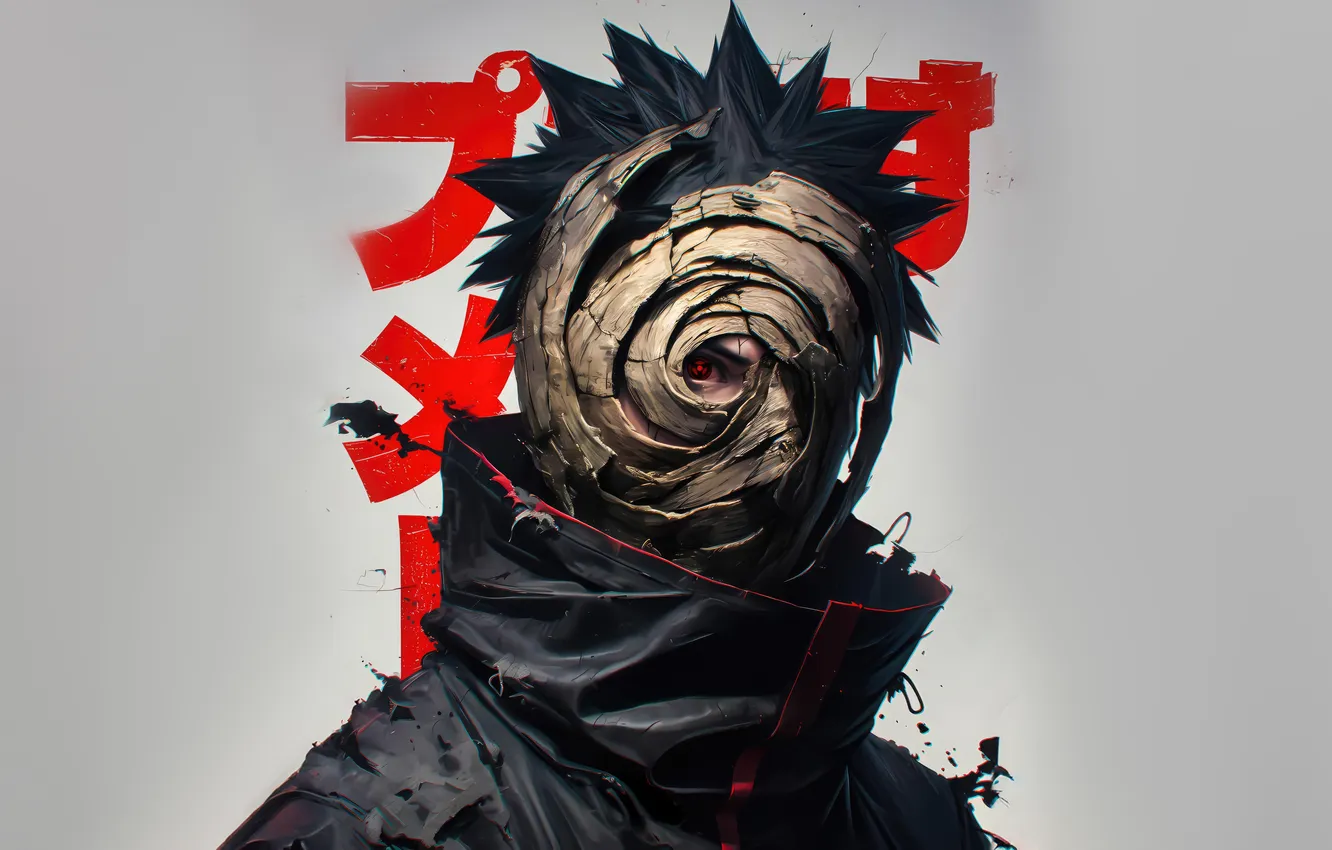 Фото обои маска, иероглифы, серый фон, красный глаз, Akatsuki, Naruto Shippuden, Tobi, Наруто Ураганные хроники
