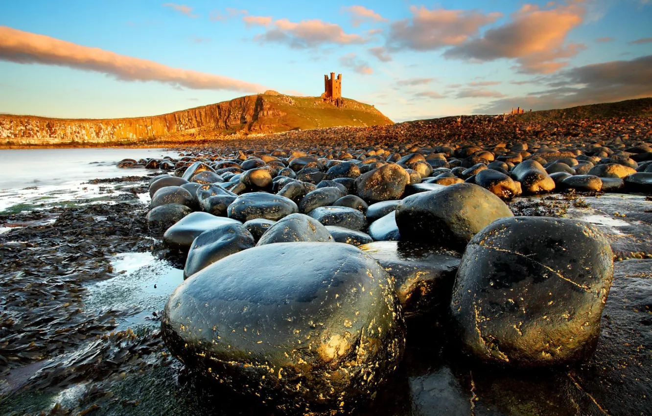Фото обои море, пейзаж, камни, замок, Нортумберленд, Дунстан Бург