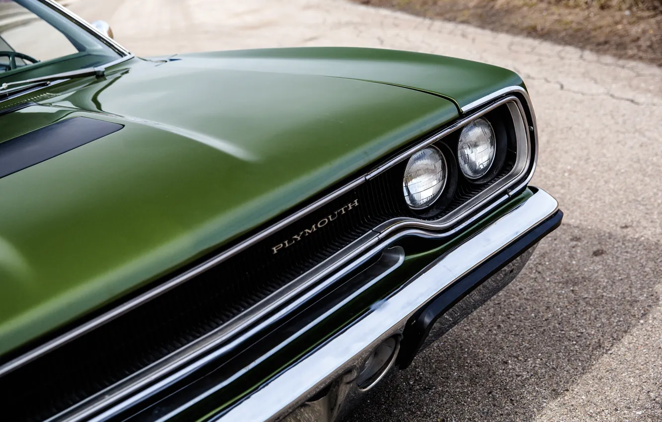 Фото обои close-up, 1970, Plymouth, front, Road Runner, headlights, Plymouth Road Runner 440+6 Hardtop Coupe