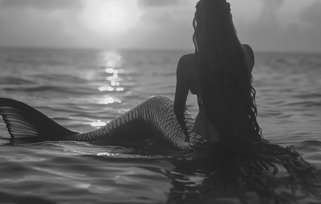 Фото обои Вода, Девушка, Русалка, Рассвет, Волосы, Хвост, Цифровое искусство, Сзади