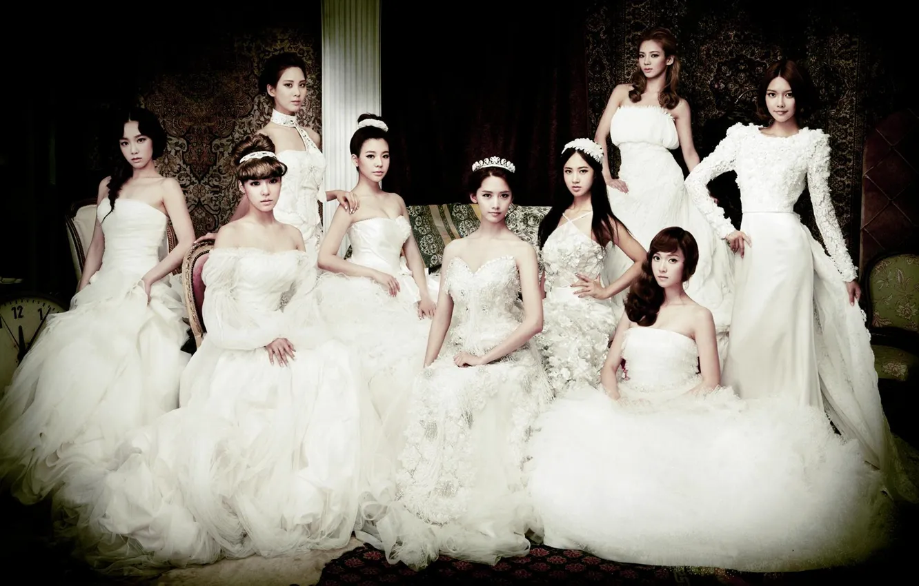 Фото обои девушки, позирование, белые, невеста, азиатки, платья, SNSD, Girls Generation