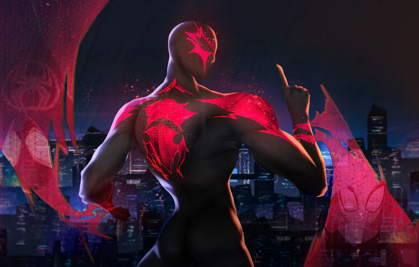Фото обои ночь, город, человек-паук, супергерой, Наследие, The Legacy, 2099, фантастический арт