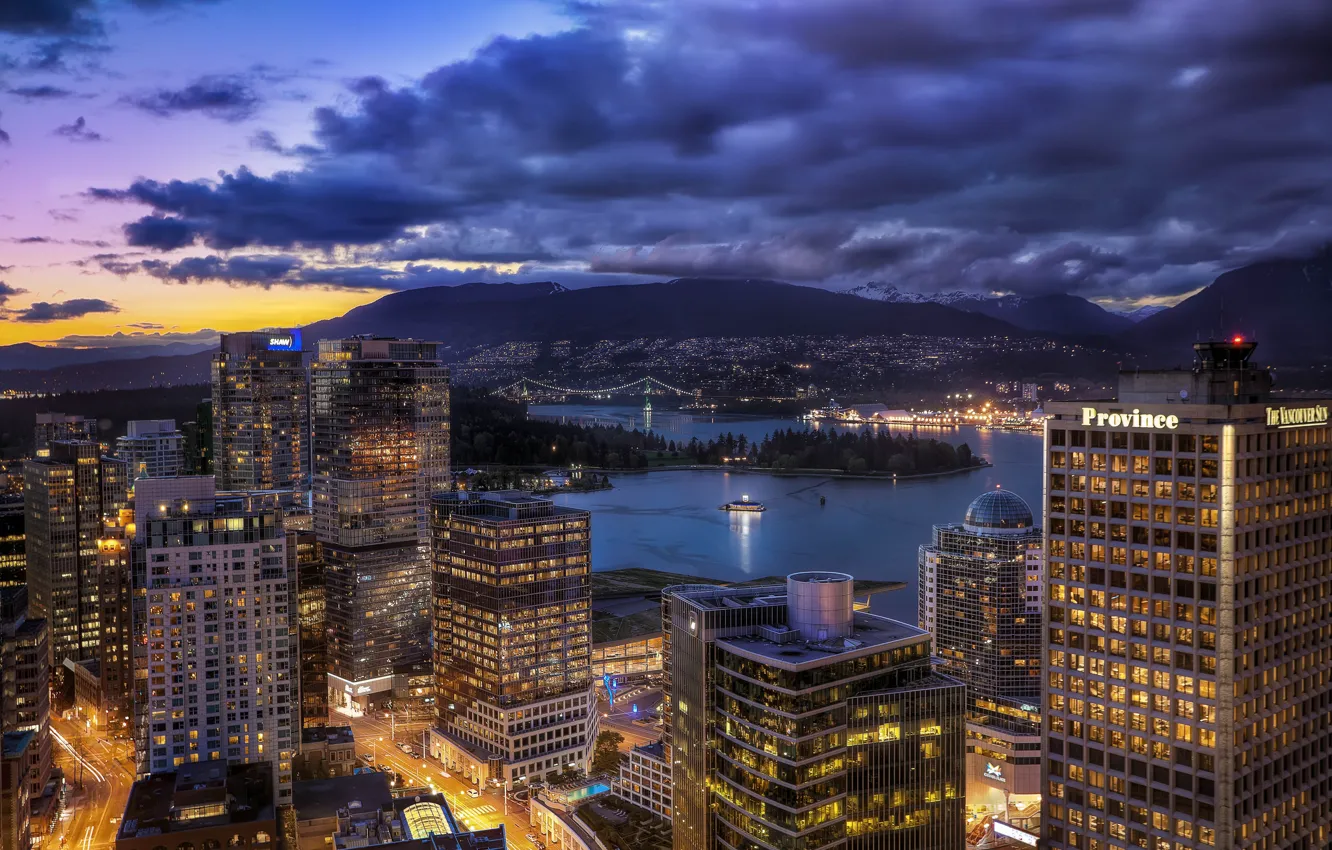 Фото обои здания, Канада, панорама, Ванкувер, Canada, ночной город, Vancouver