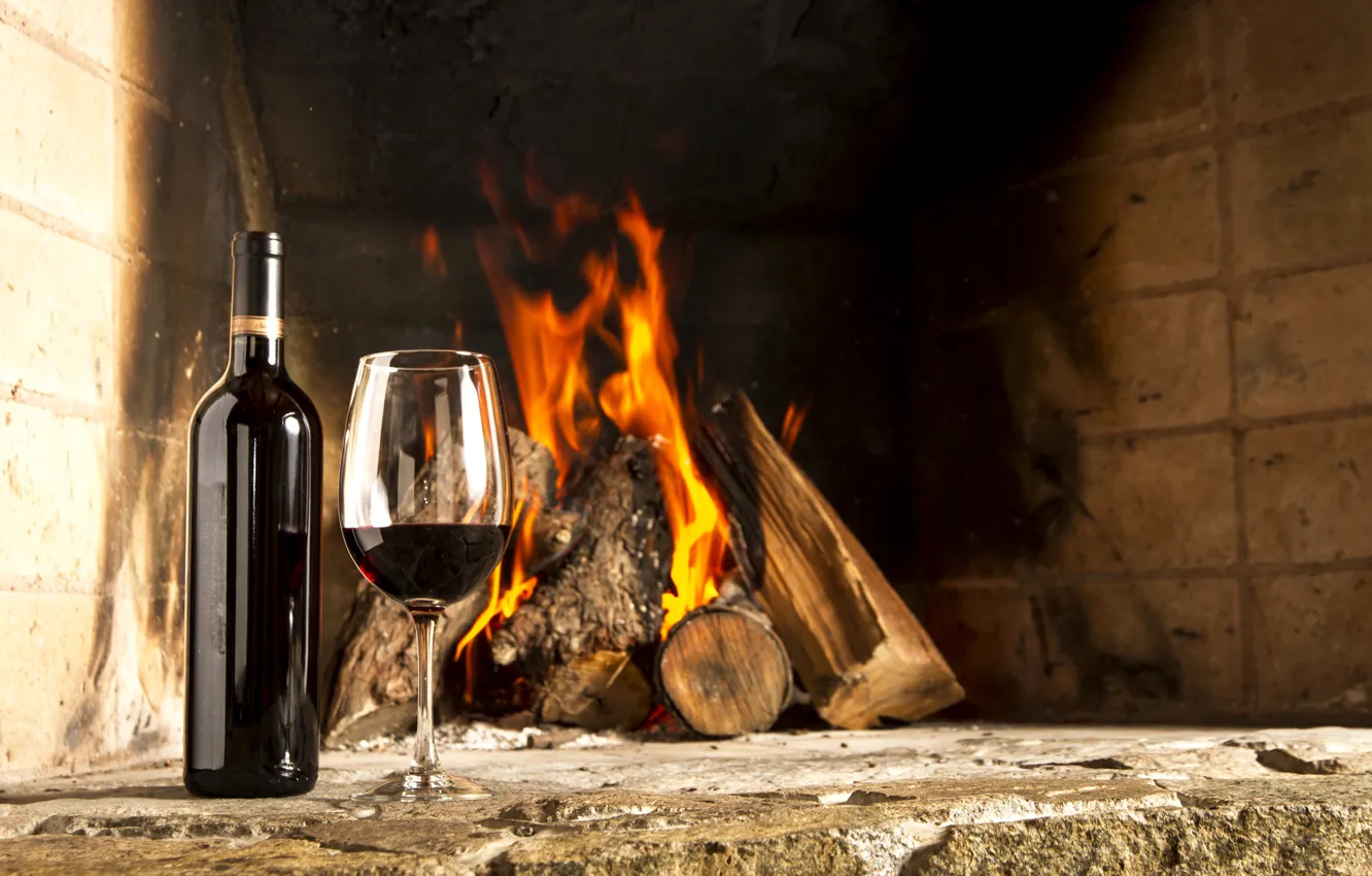Фото обои огонь, вино, бокал, камин, Fire, Wine