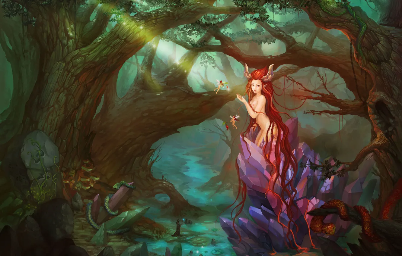 Фото обои лес, кристалл, девушка, ручей, волосы, чаща, фэнтези, арт