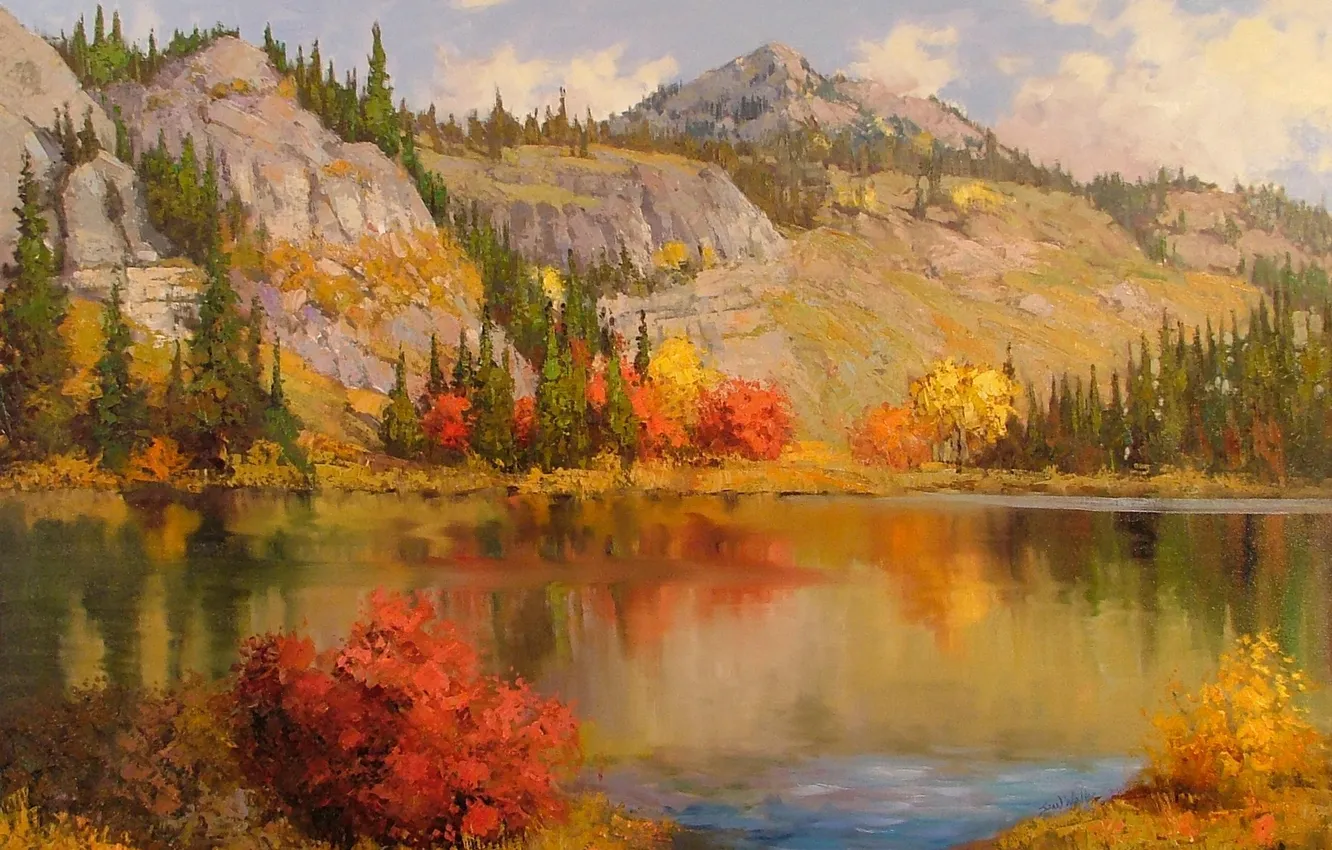 Фото обои осень, облака, деревья, пейзаж, природа, озеро, гора, арт