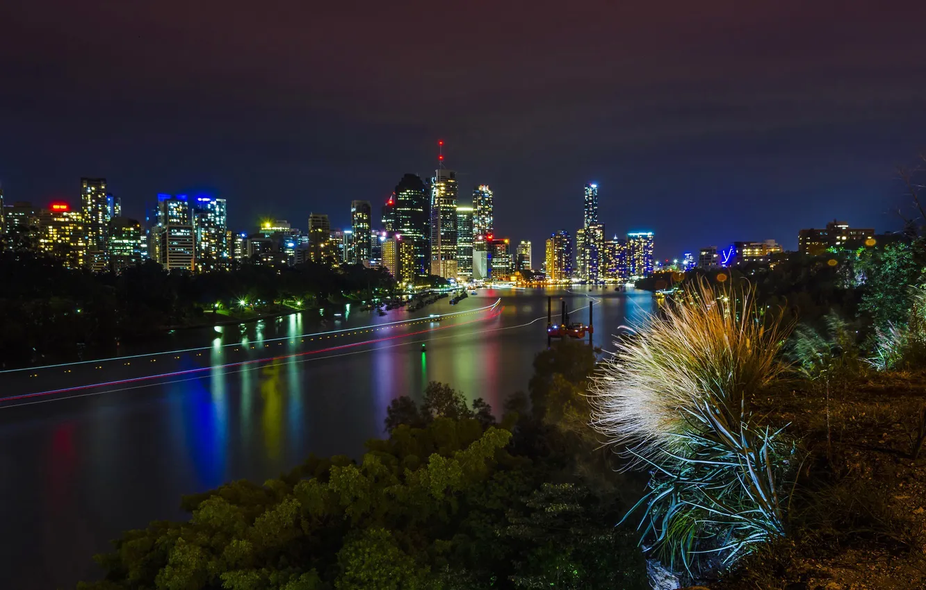 Фото обои ночь, огни, река, берег, дома, Австралия, Melbourne
