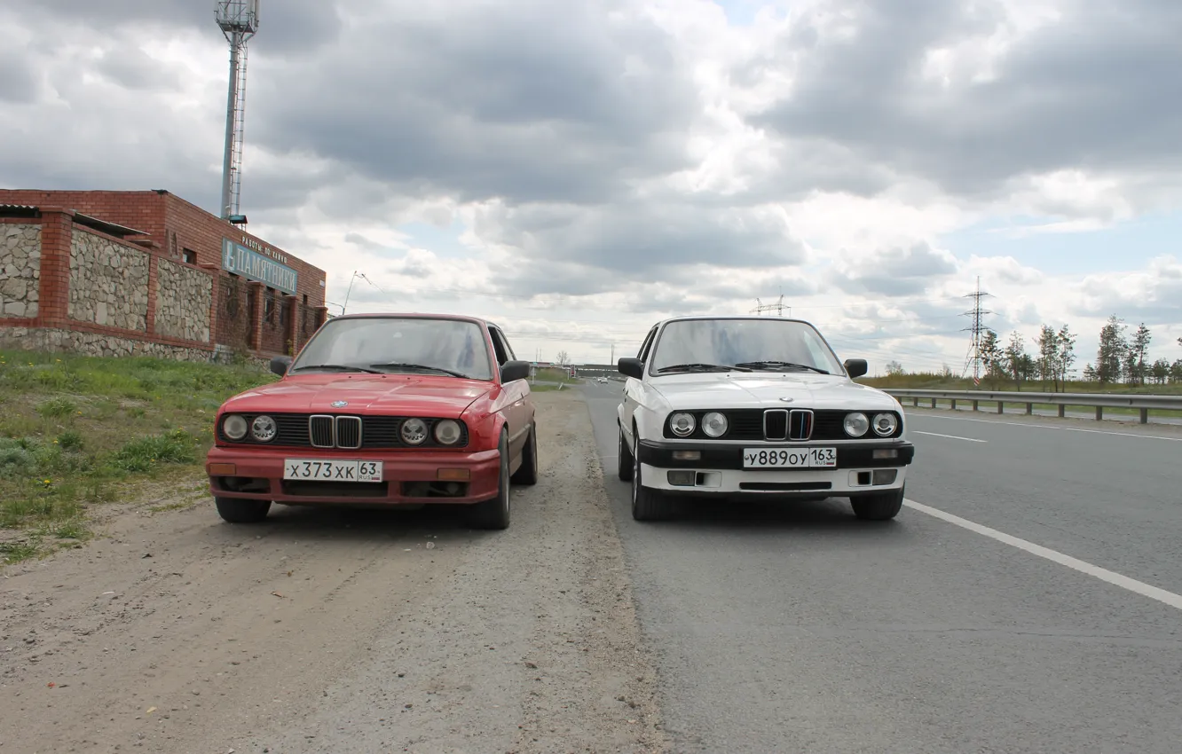 Фото обои дорога, BMW, БМВ, белая, красная, E30