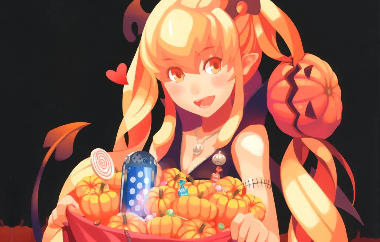 Фото обои радость, конфеты, хвост, демонесса, halloween, длинные волосы, pumpkin, кулон на шее
