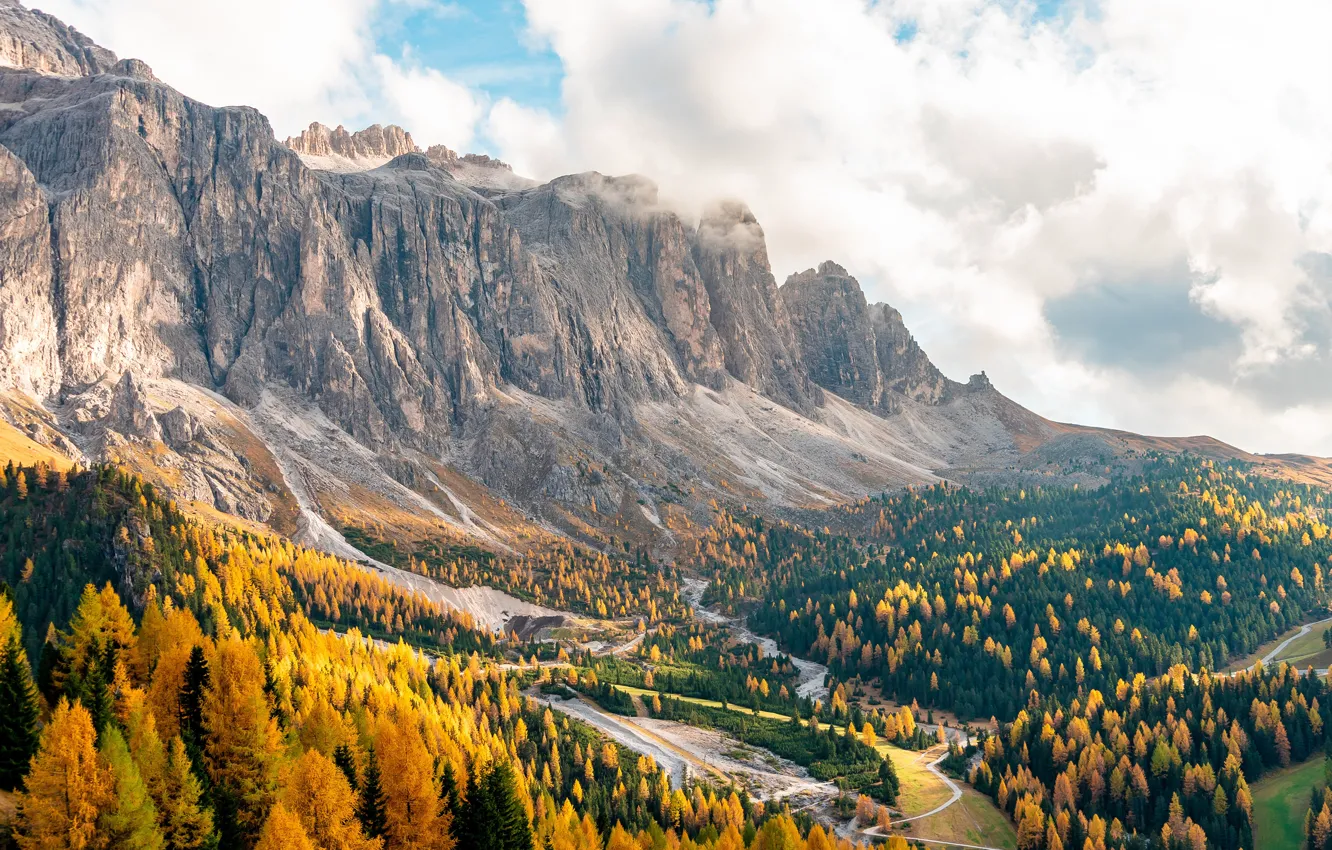 Фото обои autumn, mountains, italy, cliff, gardena pass