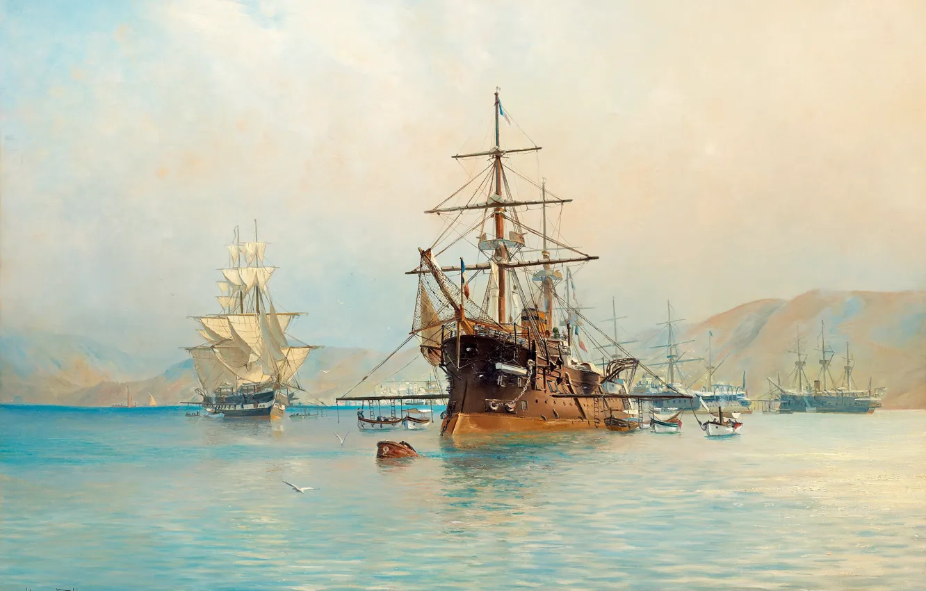 Фото обои сопки, Море и корабли, Герман Густав аф Силлен, Французский фрегат, у берегов французской Ривьеры