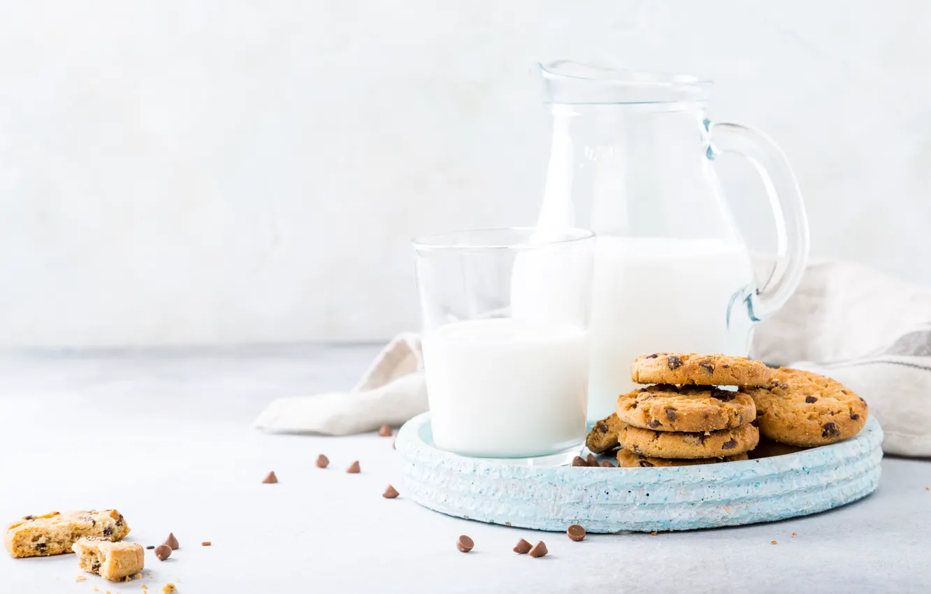 Фото обои стакан, молоко, печенье, кувшин, поднос, овсяное, Iryna Melnyk
