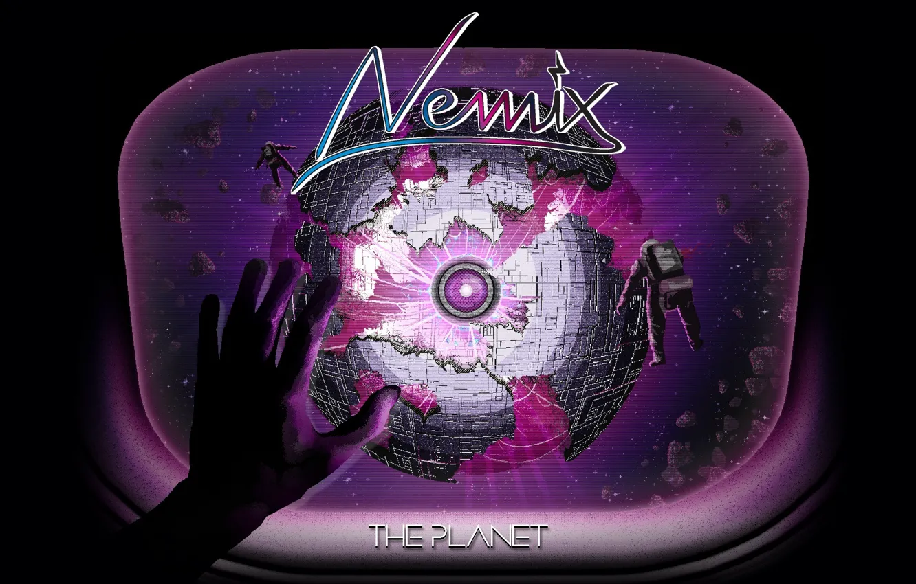 Фото обои космос, глаз, рука, космонавт, астероид, иллюминатор, The Planet, synth wave