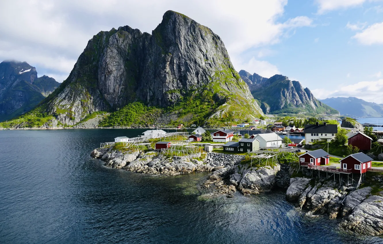 Фото обои пейзаж, горы, океан, скалы, дома, Норвегия, фьорд, Лофотенские острова