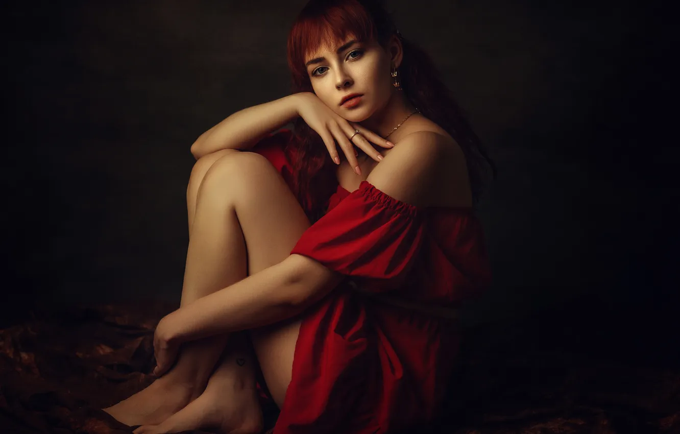 Фото обои Взгляд, Поза, Платье, Ноги, Сидит, Jagoda