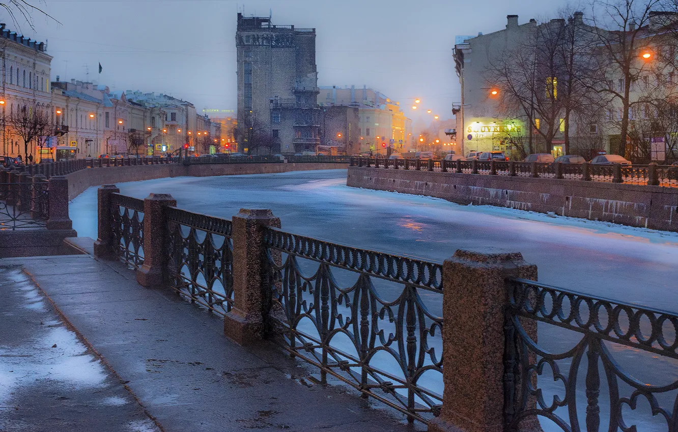 Фото обои Зима, Вечер, Питер, Река, Санкт-Петербург, Russia, спб, St. Petersburg